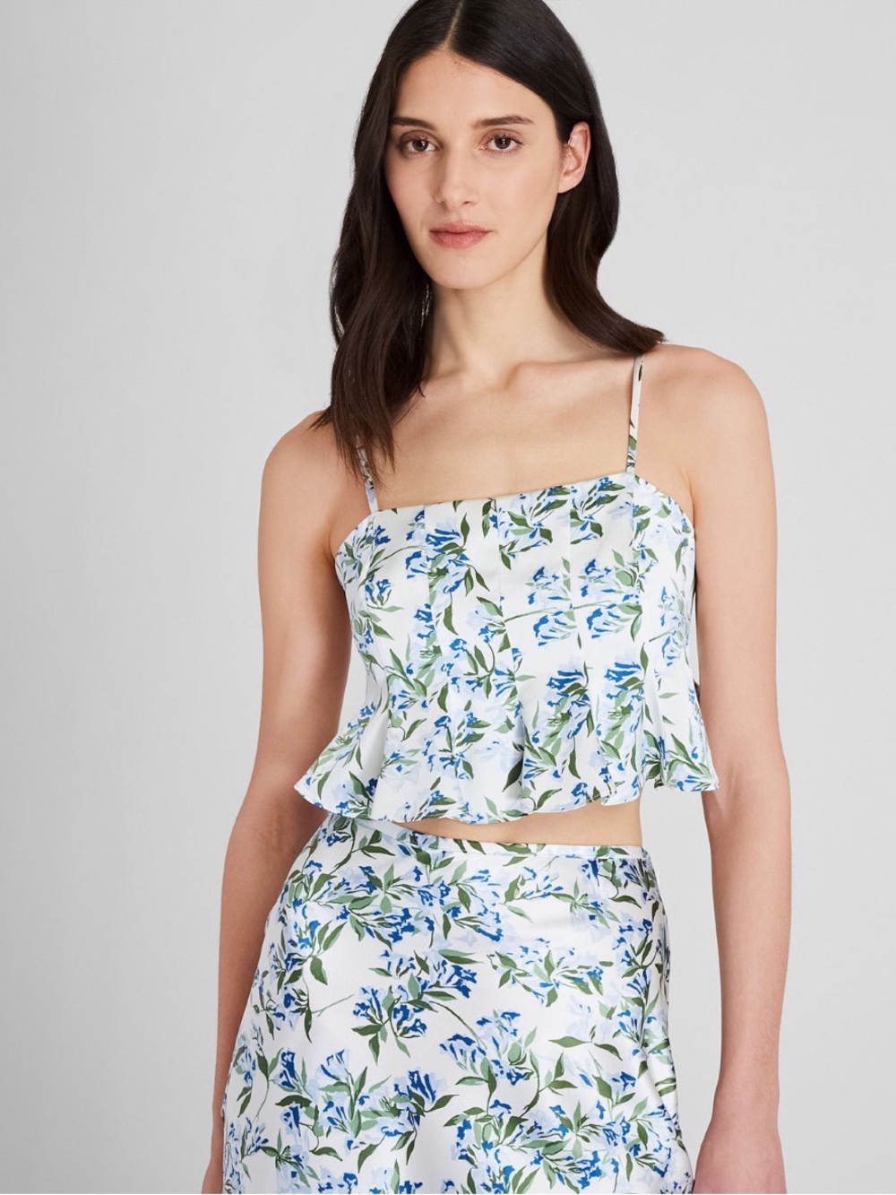 New Club Monaco Silk Charmeuse Floral Cropped Flounce Tank